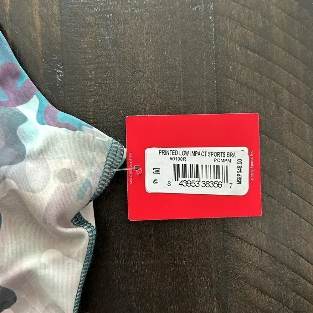 NWT Spanx Printed Low Impact Sports Bra M Camouflage Green Padded Slip On Low